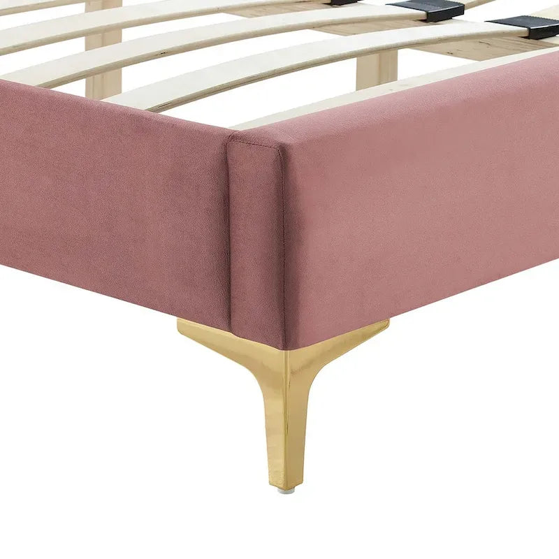 Charcoal / Blue / White / Pink Channel Tufted Velvet Queen Platform Bed with Gold Legs for 2 Person