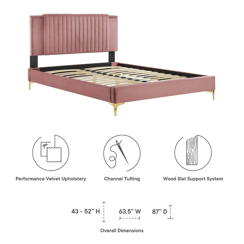 Charcoal / Blue / White / Pink Channel Tufted Velvet Queen Platform Bed with Gold Legs for 2 Person