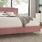 Charcoal / Blue / White / Pink Channel Tufted Velvet Queen Platform Bed with Gold Legs for 2 Person