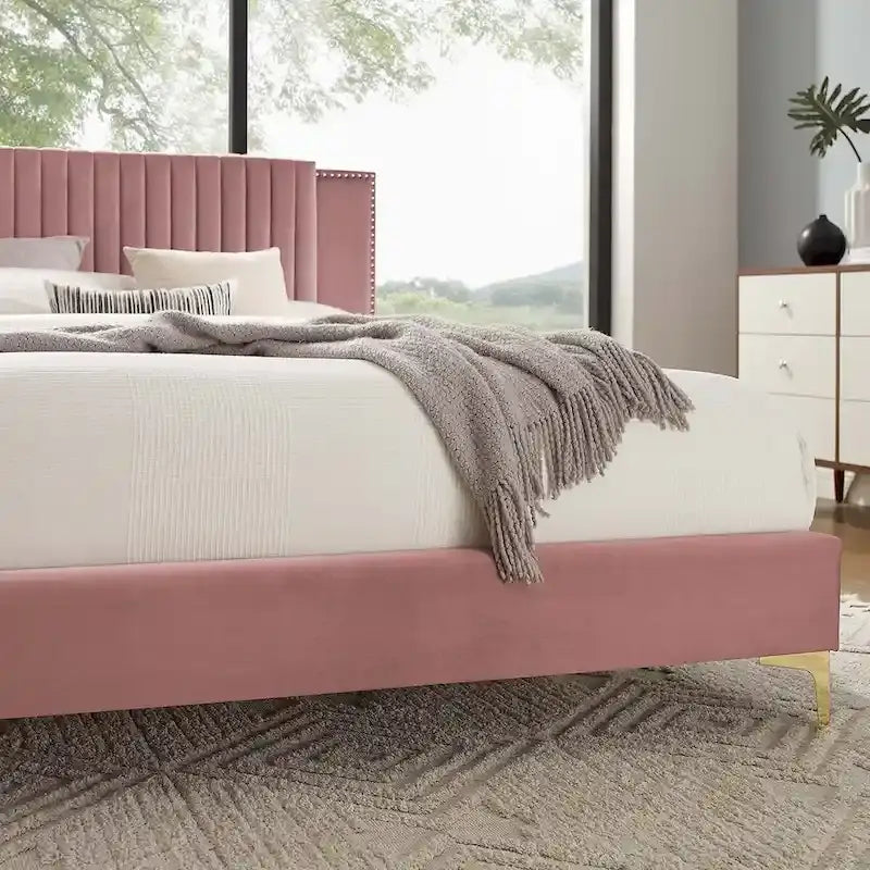 Charcoal / Blue / White / Pink Channel Tufted Velvet Queen Platform Bed with Gold Legs for 2 Person
