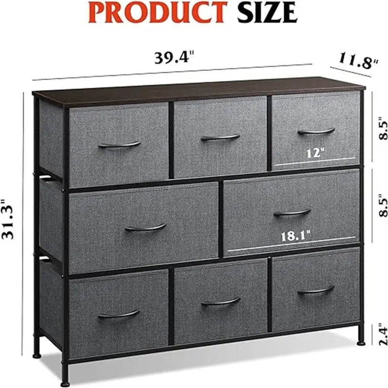 Charcoal Black / Greige / Dark Grey 8-Drawer Wide Dresser with Wood Top for 1 Person