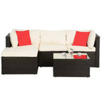 FDW 5-Piece Rattan Patio Furniture Set Modern Outdoor Sectional Sofa Conversation Sofa Set with Corner Chairs Pillow and Glass-Top Table, Khaki