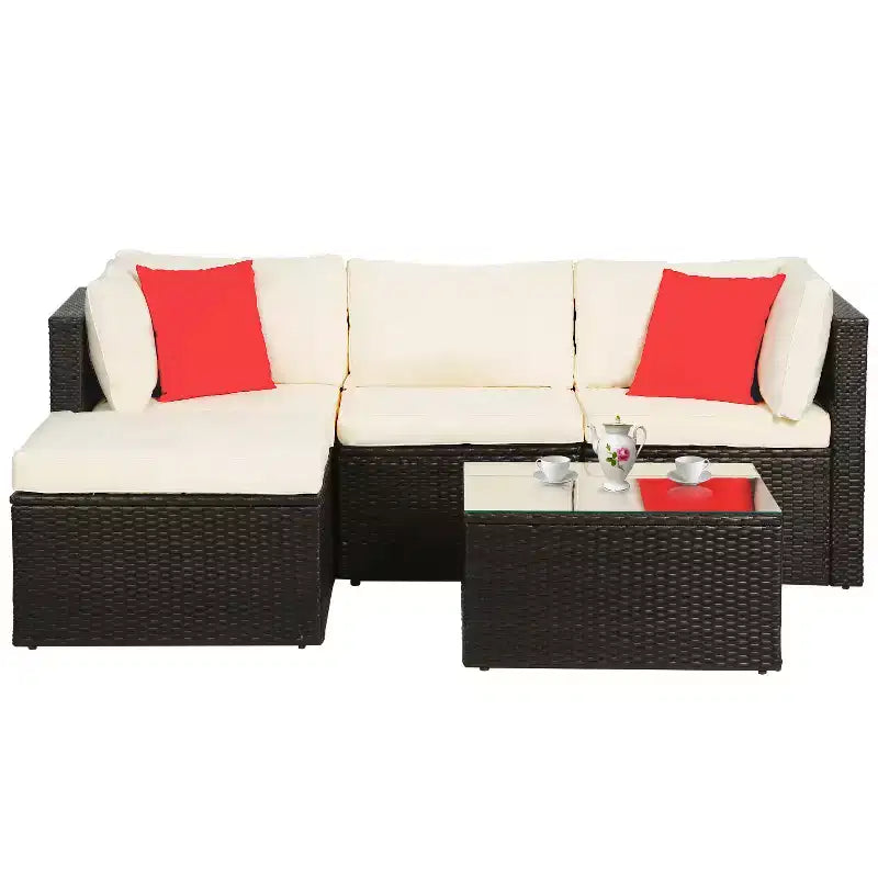 FDW 5-Piece Rattan Patio Furniture Set Modern Outdoor Sectional Sofa Conversation Sofa Set with Corner Chairs Pillow and Glass-Top Table, Khaki