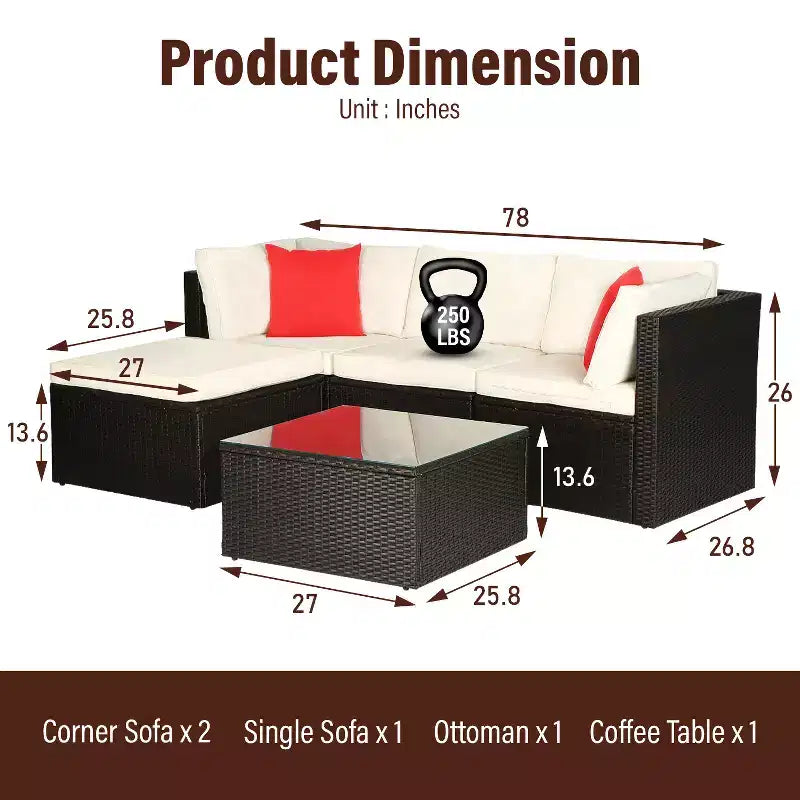 FDW 5-teiliges Rattan-Terrassenmöbel-Set, modernes Outdoor-Sofa-Garnitur, Gesprächs-Sofa-Set mit Eckstühlen, Kissen und Glas-Tischplatte, Khaki