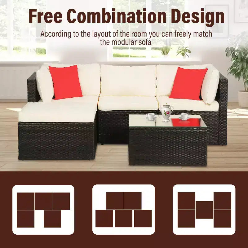 FDW 5-teiliges Rattan-Terrassenmöbel-Set, modernes Outdoor-Sofa-Garnitur, Gesprächs-Sofa-Set mit Eckstühlen, Kissen und Glas-Tischplatte, Khaki