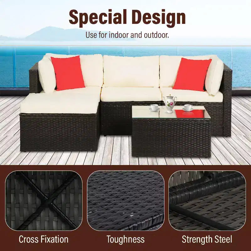 FDW 5-teiliges Rattan-Terrassenmöbel-Set, modernes Outdoor-Sofa-Garnitur, Gesprächs-Sofa-Set mit Eckstühlen, Kissen und Glas-Tischplatte, Khaki
