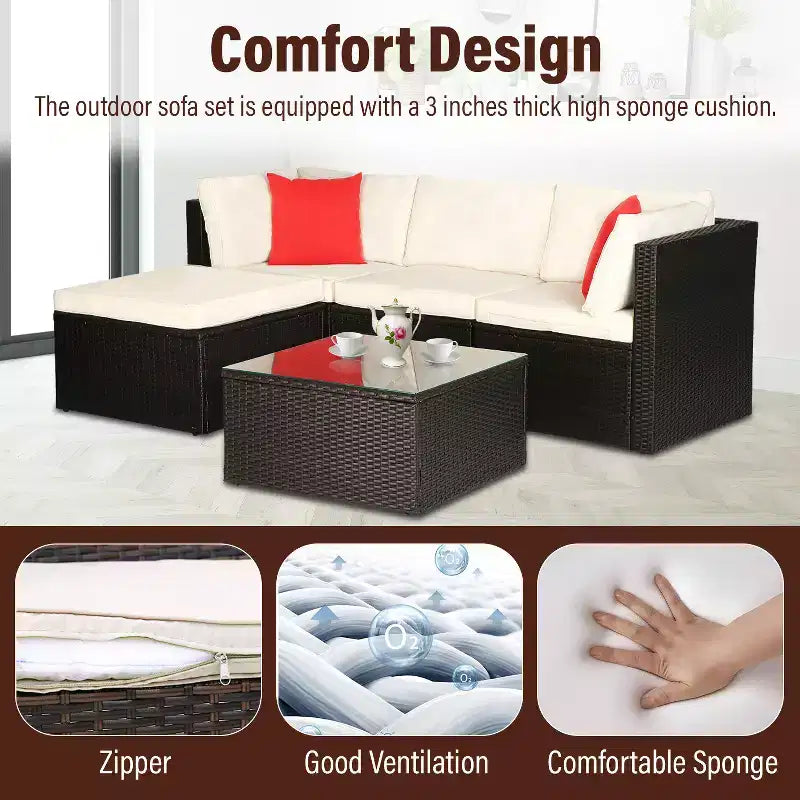 FDW 5-teiliges Rattan-Terrassenmöbel-Set, modernes Outdoor-Sofa-Garnitur, Gesprächs-Sofa-Set mit Eckstühlen, Kissen und Glas-Tischplatte, Khaki