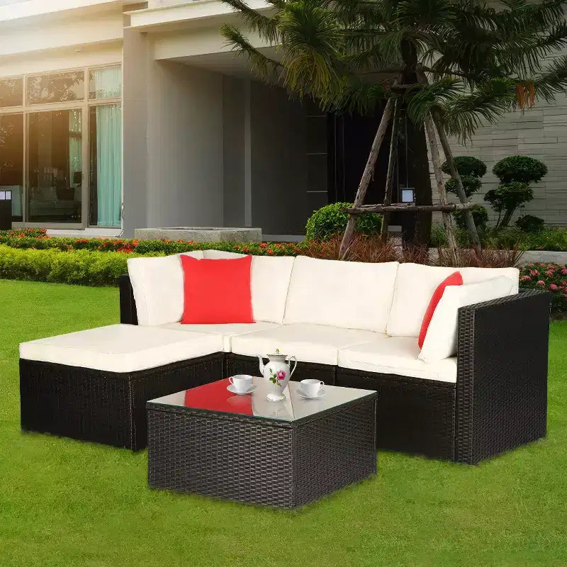 FDW 5-teiliges Rattan-Terrassenmöbel-Set, modernes Outdoor-Sofa-Garnitur, Gesprächs-Sofa-Set mit Eckstühlen, Kissen und Glas-Tischplatte, Khaki
