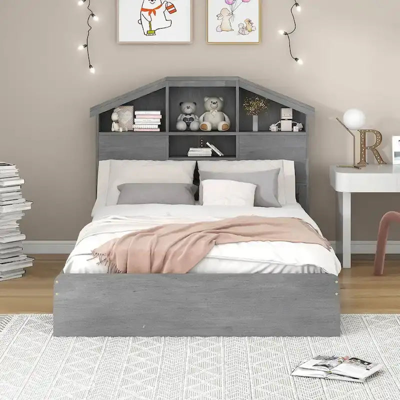 Walnut / Grey Pine Wood Twin Platform Bed with House-Shape Headboard, 5 Shelves and 2 Drawers for 1 Person