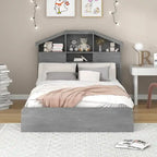 Walnut / Grey Pine Wood Twin Platform Bed with House-Shape Headboard, 5 Shelves and 2 Drawers for 1 Person