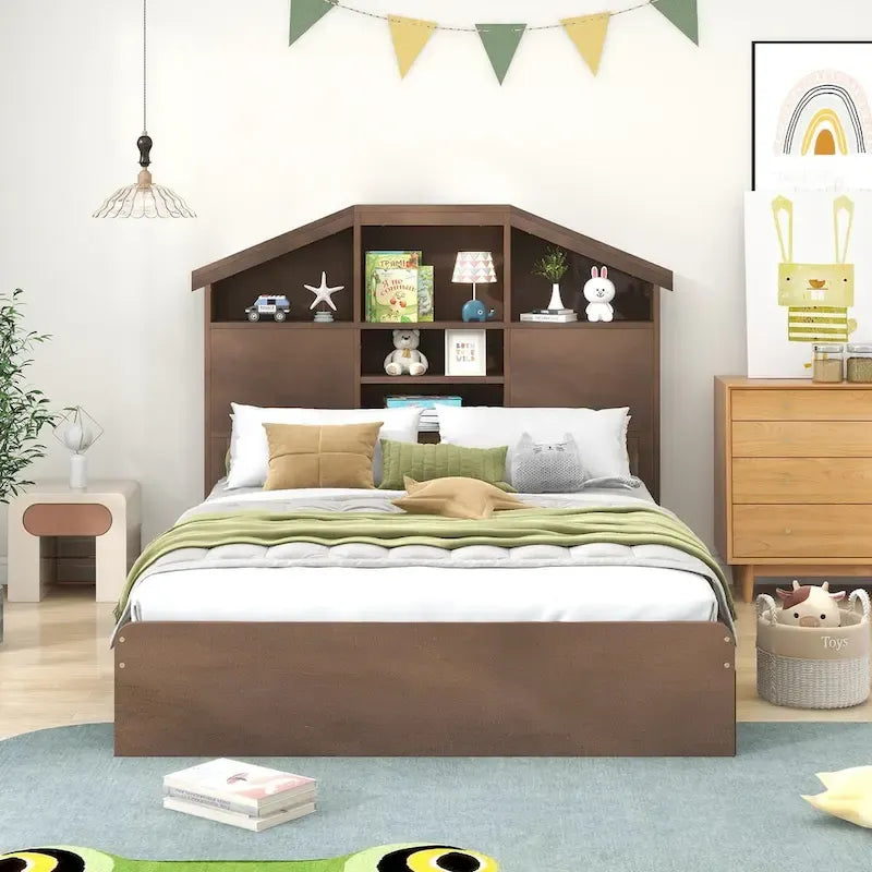 Walnut / Grey Pine Wood Twin Platform Bed with House-Shape Headboard, 5 Shelves and 2 Drawers for 1 Person