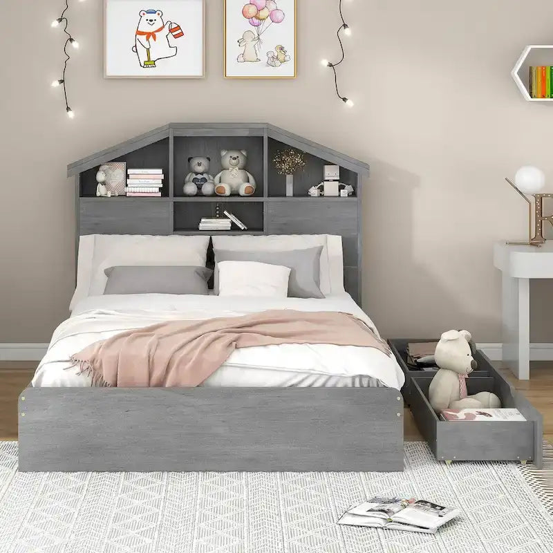 Walnut / Grey Pine Wood Twin Platform Bed with House-Shape Headboard, 5 Shelves and 2 Drawers for 1 Person