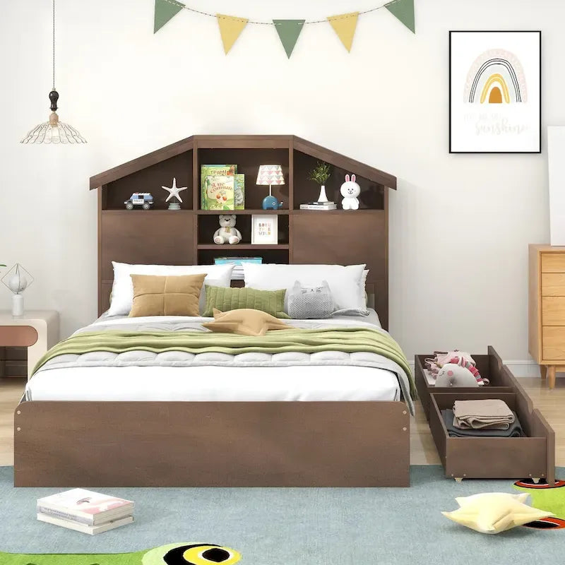 Walnut / Grey Pine Wood Twin Platform Bed with House-Shape Headboard, 5 Shelves and 2 Drawers for 1 Person