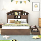 Walnut / Grey Pine Wood Twin Platform Bed with House-Shape Headboard, 5 Shelves and 2 Drawers for 1 Person
