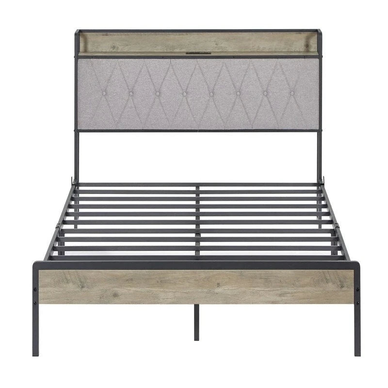 Brown / Grey Full Size Metal Platform Bed Frame with Storage Headboard and Charging Station for 2 Person