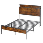 Brown / Grey Full Size Metal Platform Bed Frame with Storage Headboard and Charging Station for 2 Person