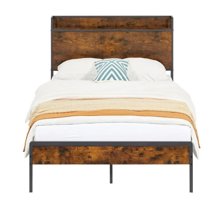 Brown / Grey Full Size Metal Platform Bed Frame with Storage Headboard and Charging Station for 2 Person