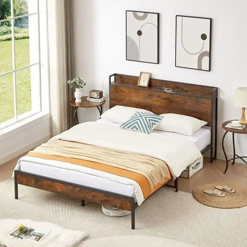 Brown / Grey Full Size Metal Platform Bed Frame with Storage Headboard and Charging Station for 2 Person