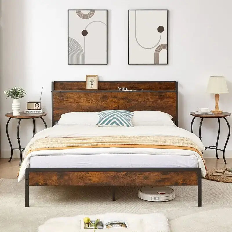 Brown / Grey Full Size Metal Platform Bed Frame with Storage Headboard and Charging Station for 2 Person