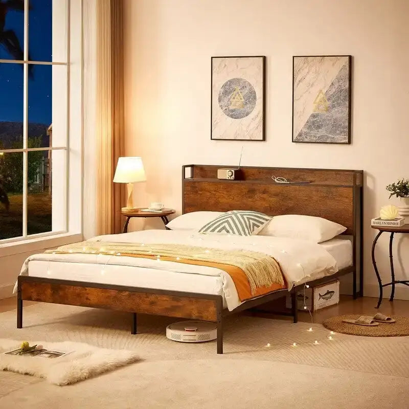 Brown / Grey Full Size Metal Platform Bed Frame with Storage Headboard and Charging Station for 2 Person
