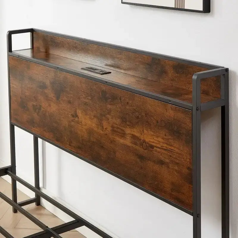 Brown / Grey Full Size Metal Platform Bed Frame with Storage Headboard and Charging Station for 2 Person