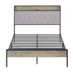 Brown / Grey Full Size Metal Platform Bed Frame with Storage Headboard and Charging Station for 2 Person