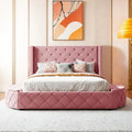 Pink / Gray / Beige / Blue Velvet Queen Platform Bed with Wingback Headboard, 1 Drawer and 2 Side Stools for 2 Person