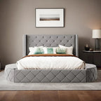 Pink / Gray / Beige / Blue Velvet Queen Platform Bed with Wingback Headboard, 1 Drawer and 2 Side Stools for 2 Person