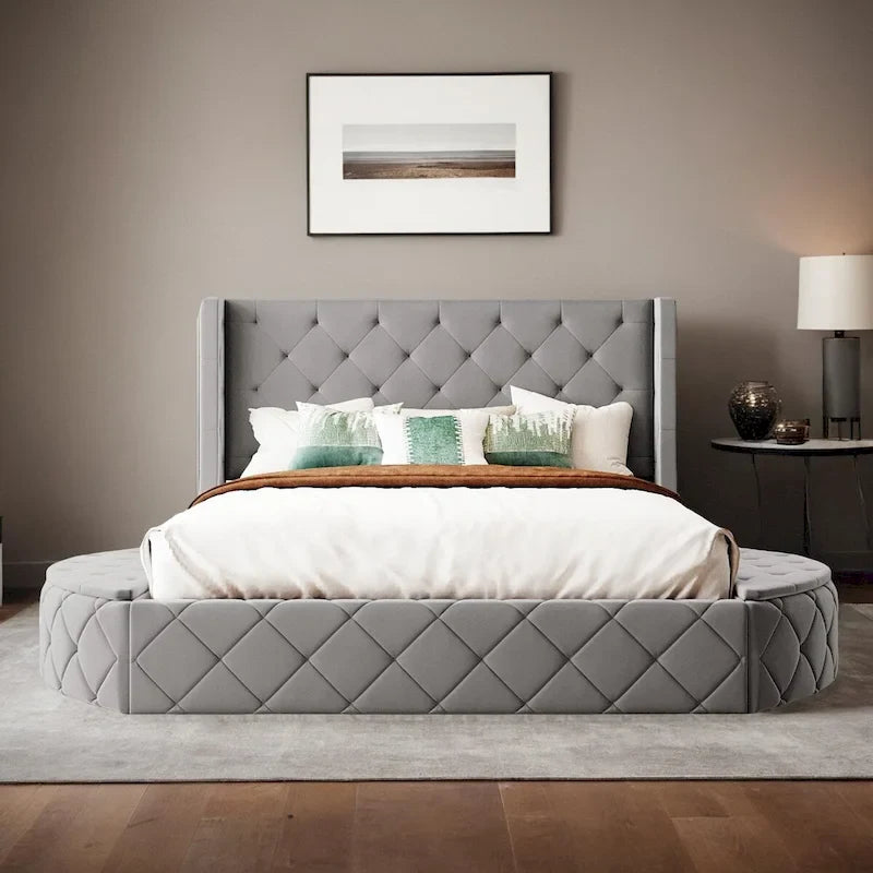 Pink / Gray / Beige / Blue Velvet Queen Platform Bed with Wingback Headboard, 1 Drawer and 2 Side Stools for 2 Person