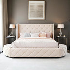 Pink / Gray / Beige / Blue Velvet Queen Platform Bed with Wingback Headboard, 1 Drawer and 2 Side Stools for 2 Person