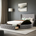 Pink / Gray / Beige / Blue Velvet Queen Platform Bed with Wingback Headboard, 1 Drawer and 2 Side Stools for 2 Person