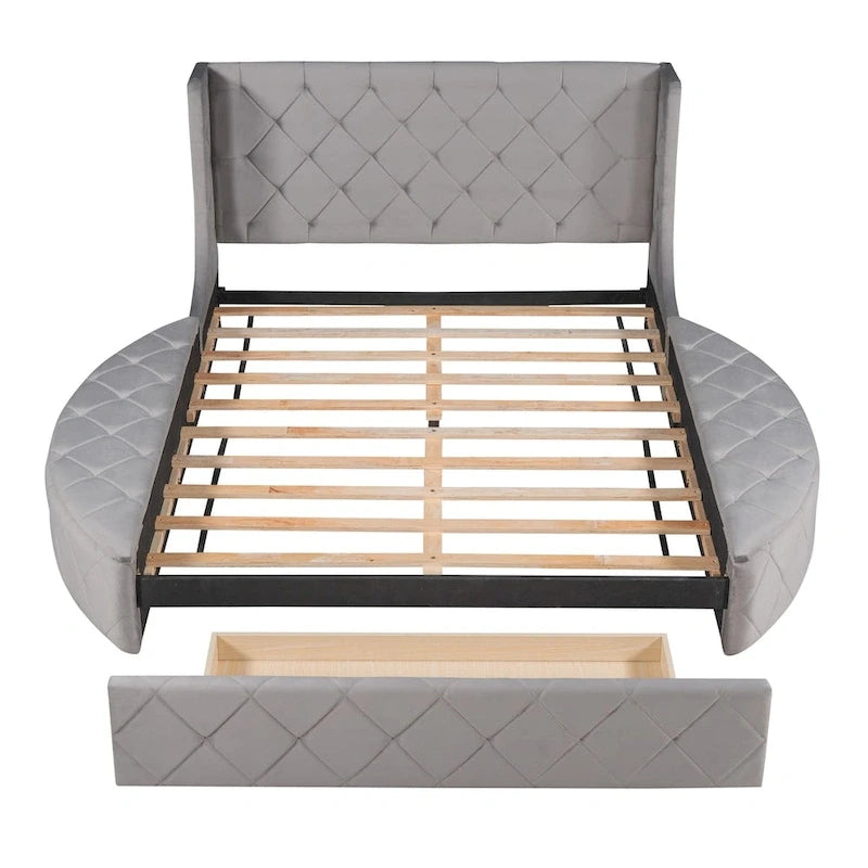 Pink / Gray / Beige / Blue Velvet Queen Platform Bed with Wingback Headboard, 1 Drawer and 2 Side Stools for 2 Person