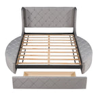 Pink / Gray / Beige / Blue Velvet Queen Platform Bed with Wingback Headboard, 1 Drawer and 2 Side Stools for 2 Person