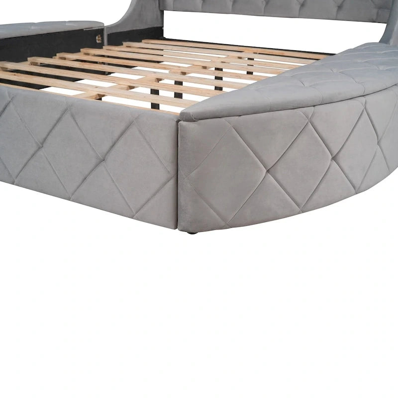 Pink / Gray / Beige / Blue Velvet Queen Platform Bed with Wingback Headboard, 1 Drawer and 2 Side Stools for 2 Person