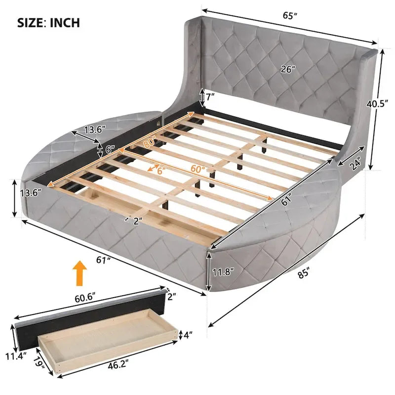 Pink / Gray / Beige / Blue Velvet Queen Platform Bed with Wingback Headboard, 1 Drawer and 2 Side Stools for 2 Person