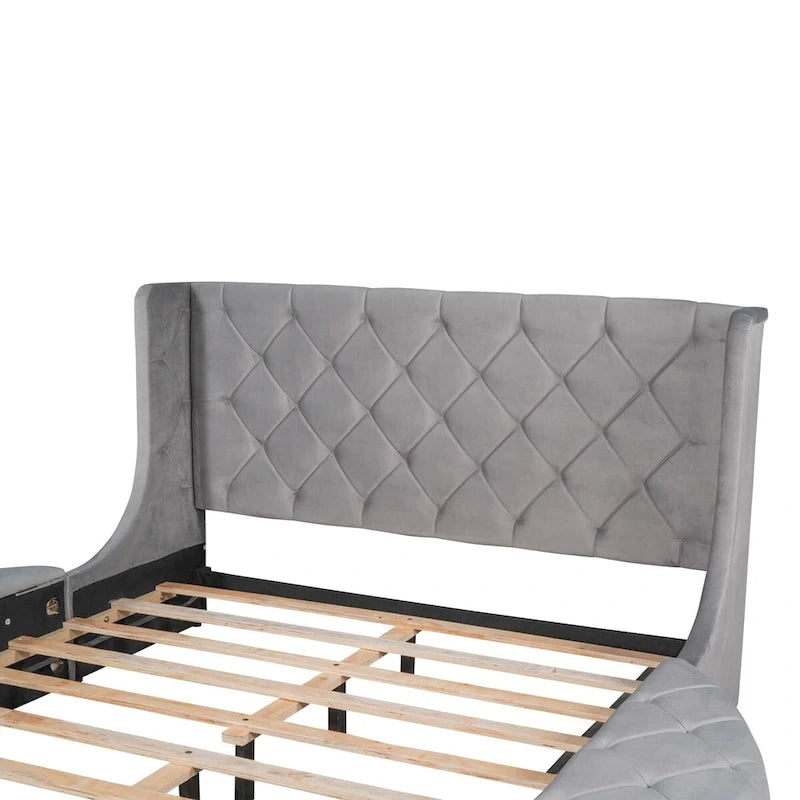 Pink / Gray / Beige / Blue Velvet Queen Platform Bed with Wingback Headboard, 1 Drawer and 2 Side Stools for 2 Person