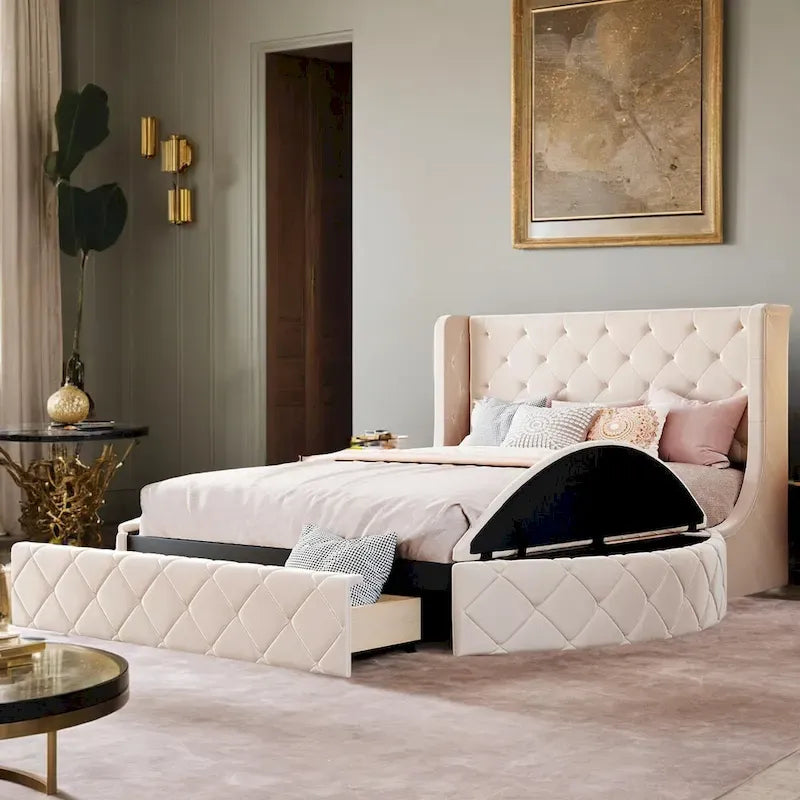 Pink / Gray / Beige / Blue Velvet Queen Platform Bed with Wingback Headboard, 1 Drawer and 2 Side Stools for 2 Person