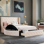 Pink / Gray / Beige / Blue Velvet Queen Platform Bed with Wingback Headboard, 1 Drawer and 2 Side Stools for 2 Person