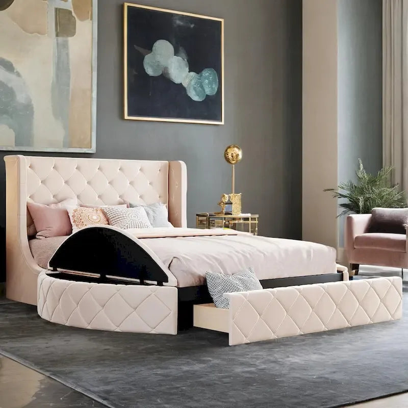 Pink / Gray / Beige / Blue Velvet Queen Platform Bed with Wingback Headboard, 1 Drawer and 2 Side Stools for 2 Person