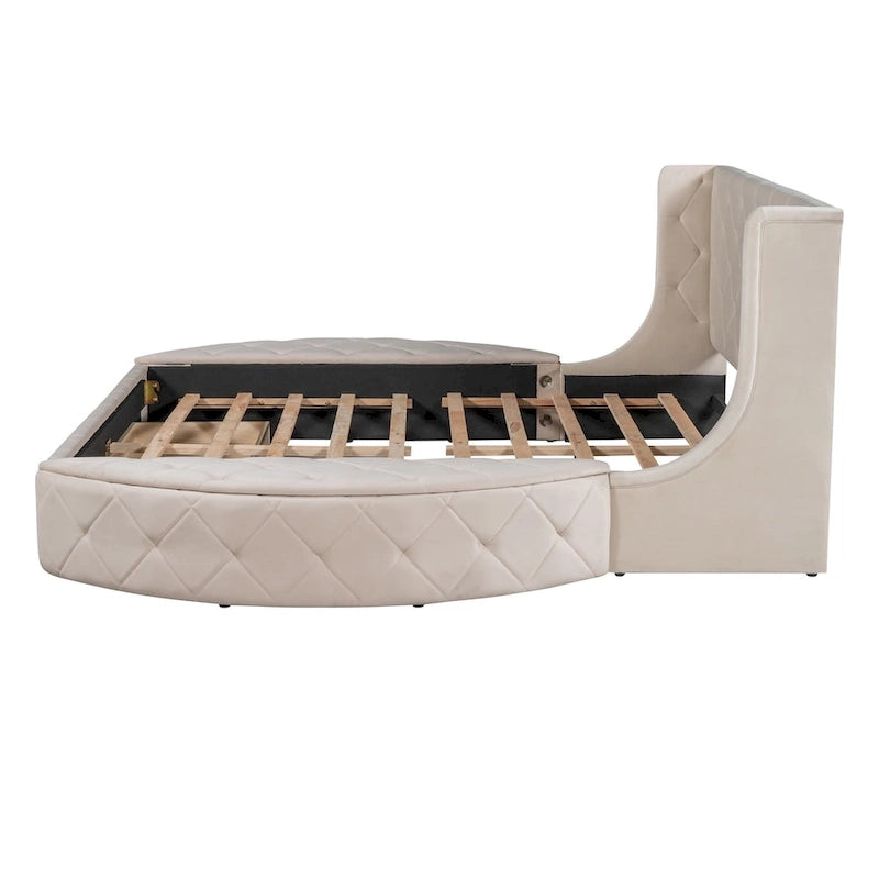 Pink / Gray / Beige / Blue Velvet Queen Platform Bed with Wingback Headboard, 1 Drawer and 2 Side Stools for 2 Person
