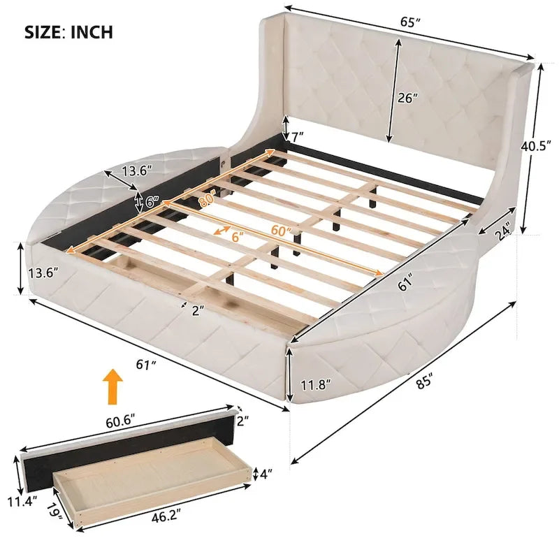 Pink / Gray / Beige / Blue Velvet Queen Platform Bed with Wingback Headboard, 1 Drawer and 2 Side Stools for 2 Person