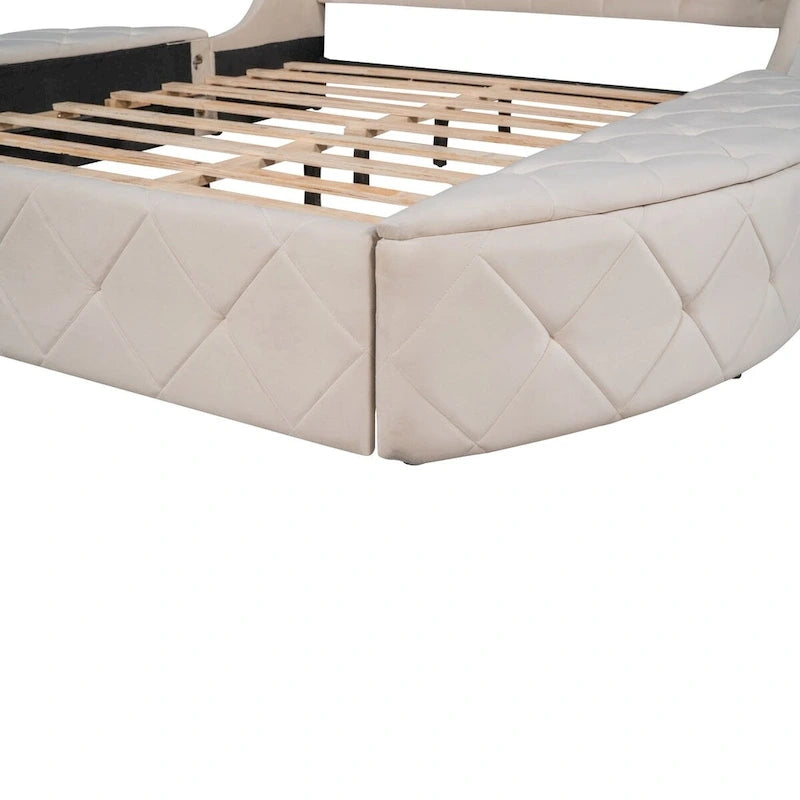 Pink / Gray / Beige / Blue Velvet Queen Platform Bed with Wingback Headboard, 1 Drawer and 2 Side Stools for 2 Person