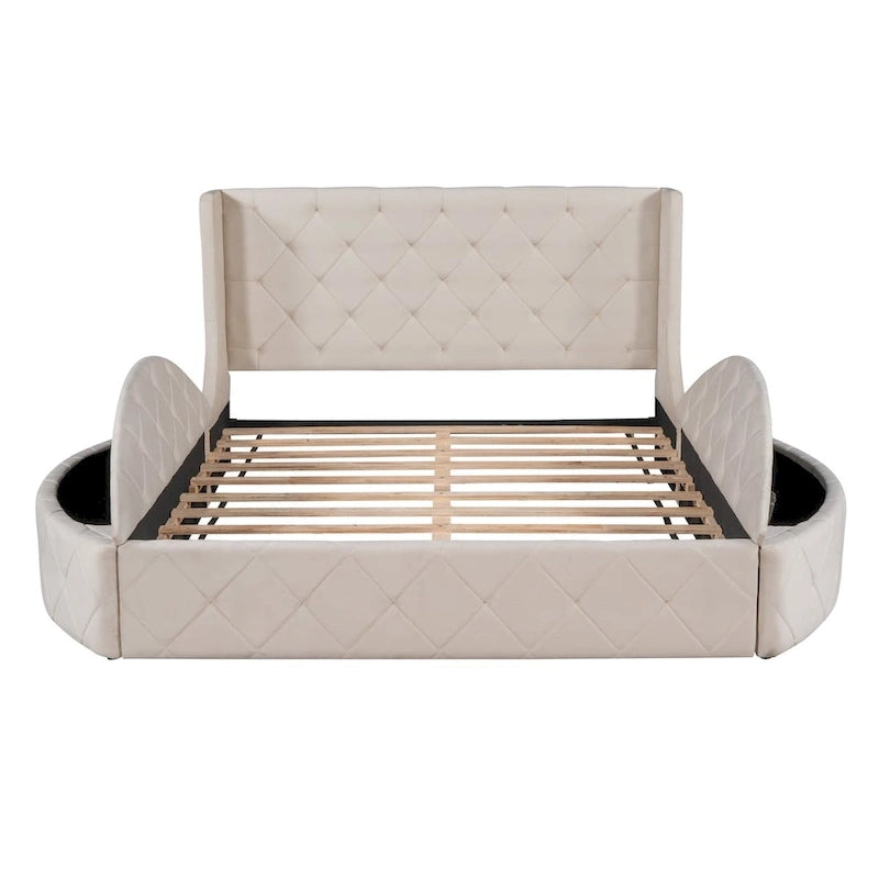 Pink / Gray / Beige / Blue Velvet Queen Platform Bed with Wingback Headboard, 1 Drawer and 2 Side Stools for 2 Person