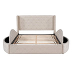 Pink / Gray / Beige / Blue Velvet Queen Platform Bed with Wingback Headboard, 1 Drawer and 2 Side Stools for 2 Person