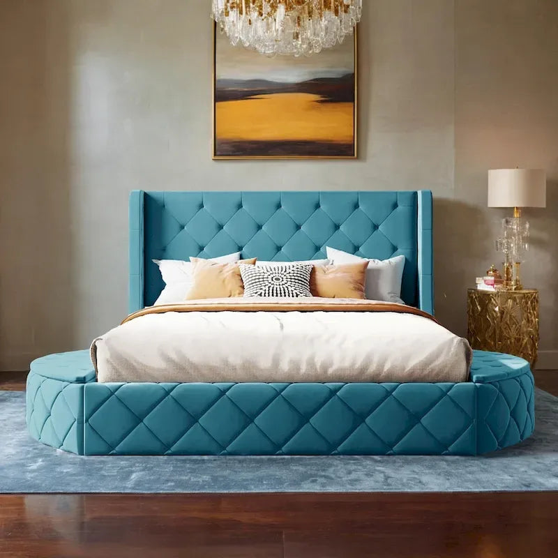 Pink / Gray / Beige / Blue Velvet Queen Platform Bed with Wingback Headboard, 1 Drawer and 2 Side Stools for 2 Person