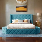 Pink / Gray / Beige / Blue Velvet Queen Platform Bed with Wingback Headboard, 1 Drawer and 2 Side Stools for 2 Person