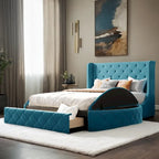 Pink / Gray / Beige / Blue Velvet Queen Platform Bed with Wingback Headboard, 1 Drawer and 2 Side Stools for 2 Person