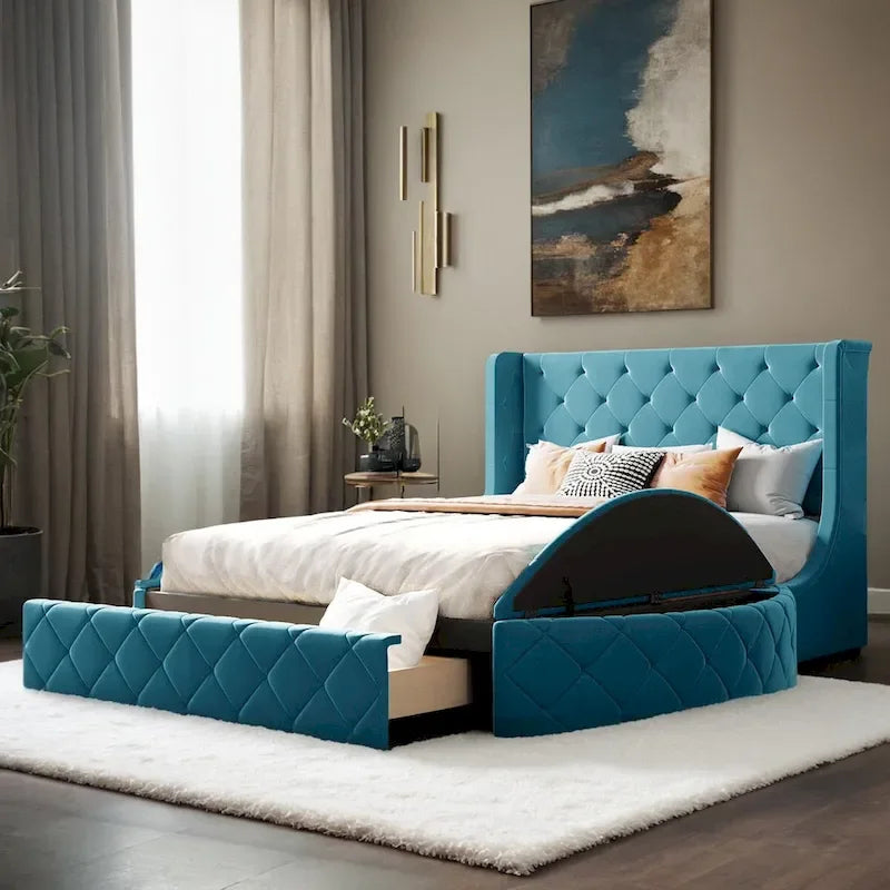 Pink / Gray / Beige / Blue Velvet Queen Platform Bed with Wingback Headboard, 1 Drawer and 2 Side Stools for 2 Person