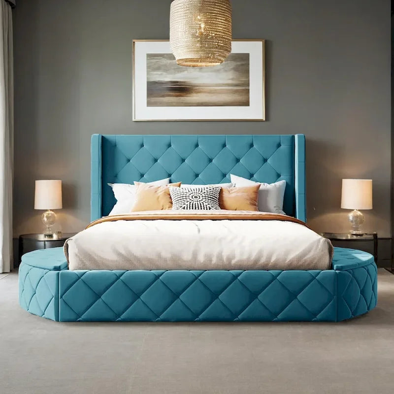 Pink / Gray / Beige / Blue Velvet Queen Platform Bed with Wingback Headboard, 1 Drawer and 2 Side Stools for 2 Person