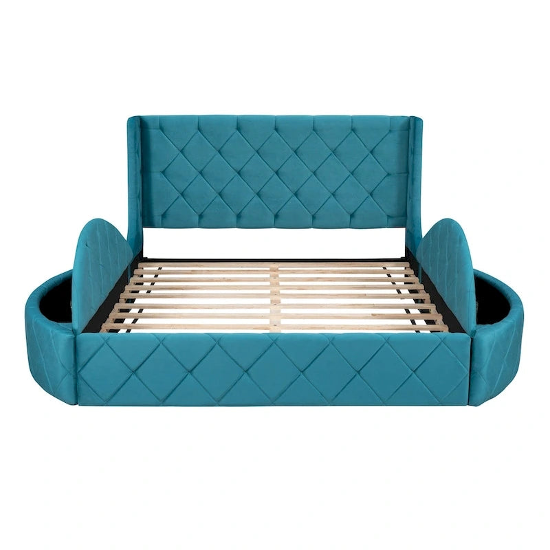 Pink / Gray / Beige / Blue Velvet Queen Platform Bed with Wingback Headboard, 1 Drawer and 2 Side Stools for 2 Person